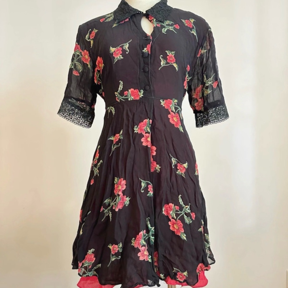 90s Vintage Floral Black Dress Short Sleeve Grunge Nostalgia Medium